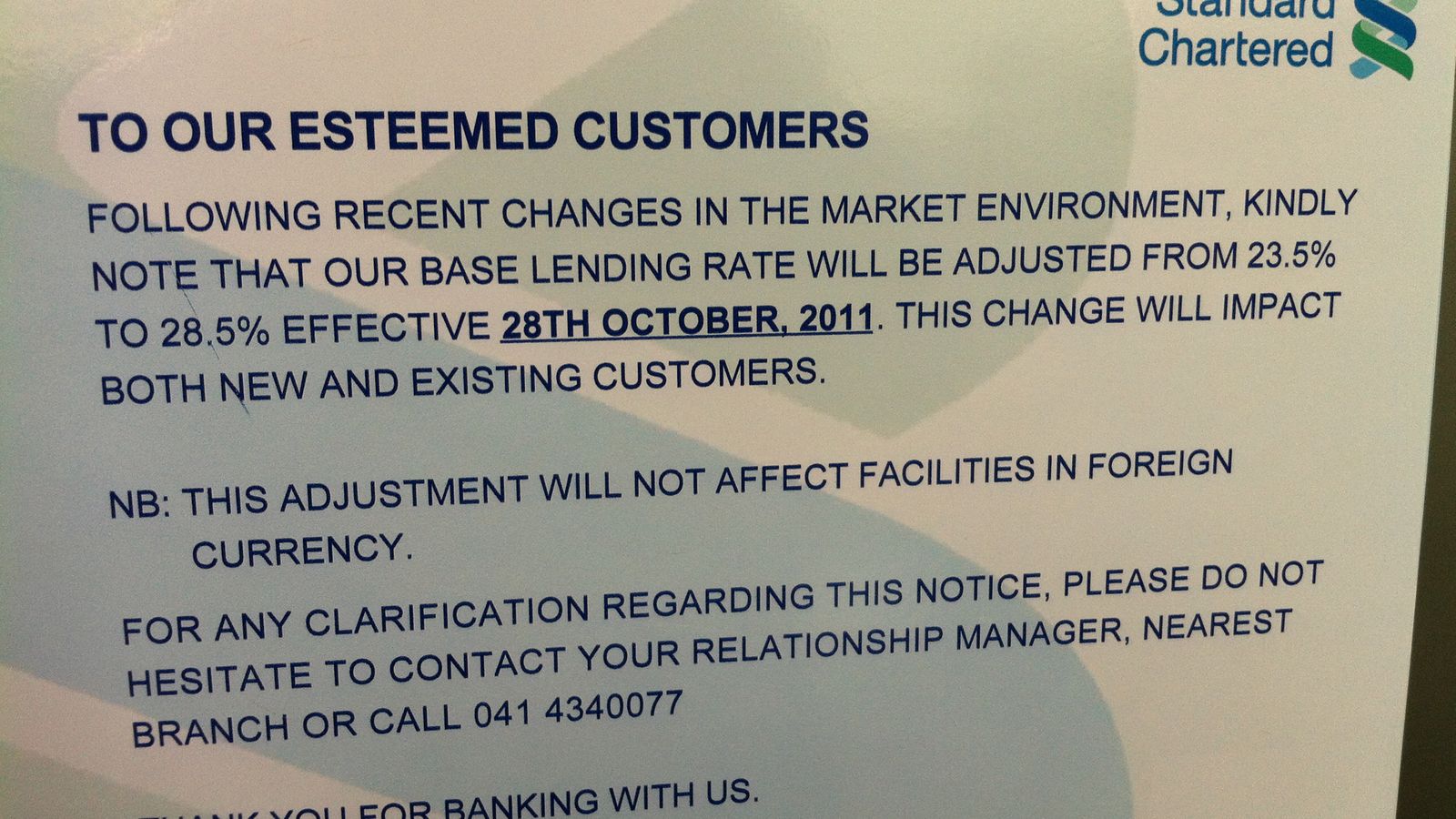 A bank notice telling customers that its base lending rate will rise