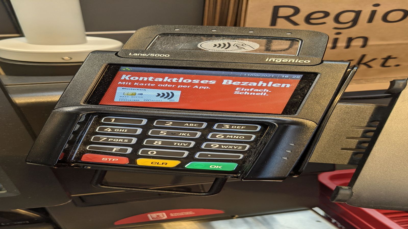 A card payment terminal attached to a self-checkout machine