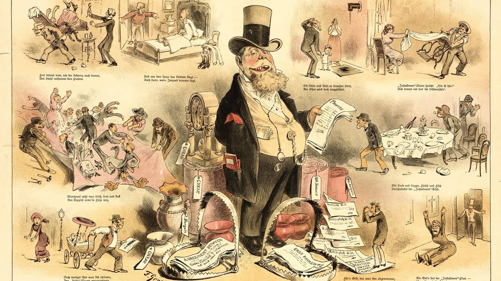A 19th-century magazine cartoon satirising buying goods on the installment plan