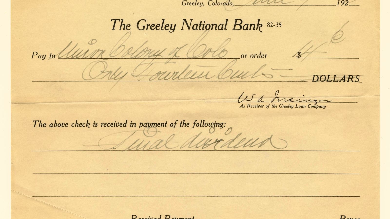 An old bank document from a national bank with a handwritten payee and amount