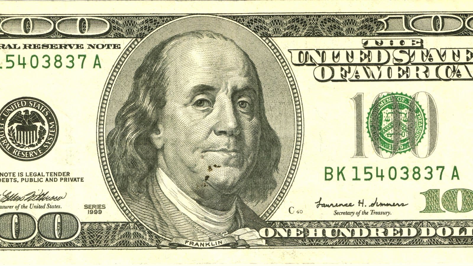 The front of a US hundred-dollar banknote