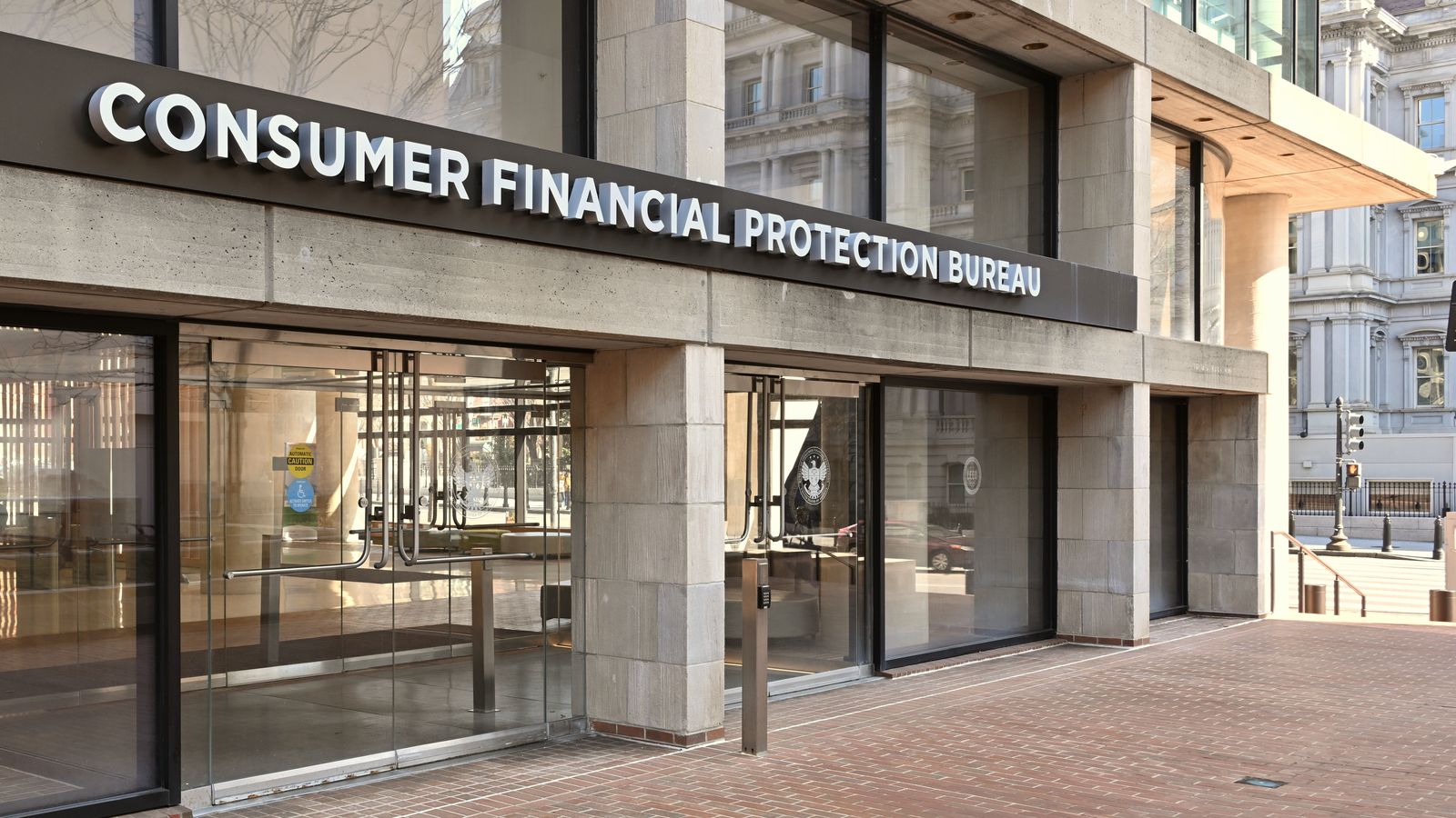 The entrance of the Consumer Financial Protection Bureau headquarters in Washington, DC