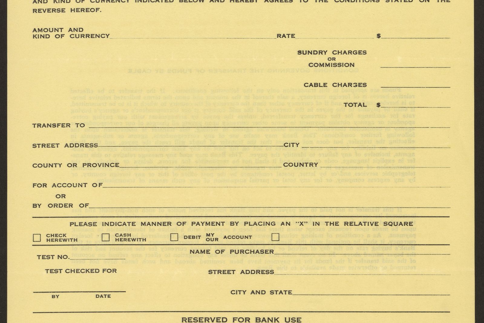 A blank historical bank form titled Order for Cable Transfer