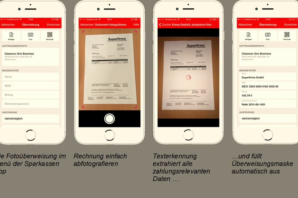 Screens of a banking app that reads a paper bill to start a transfer