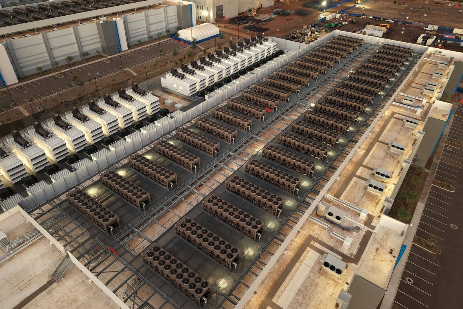 Rows of cooling units and generators on a data-centre roof