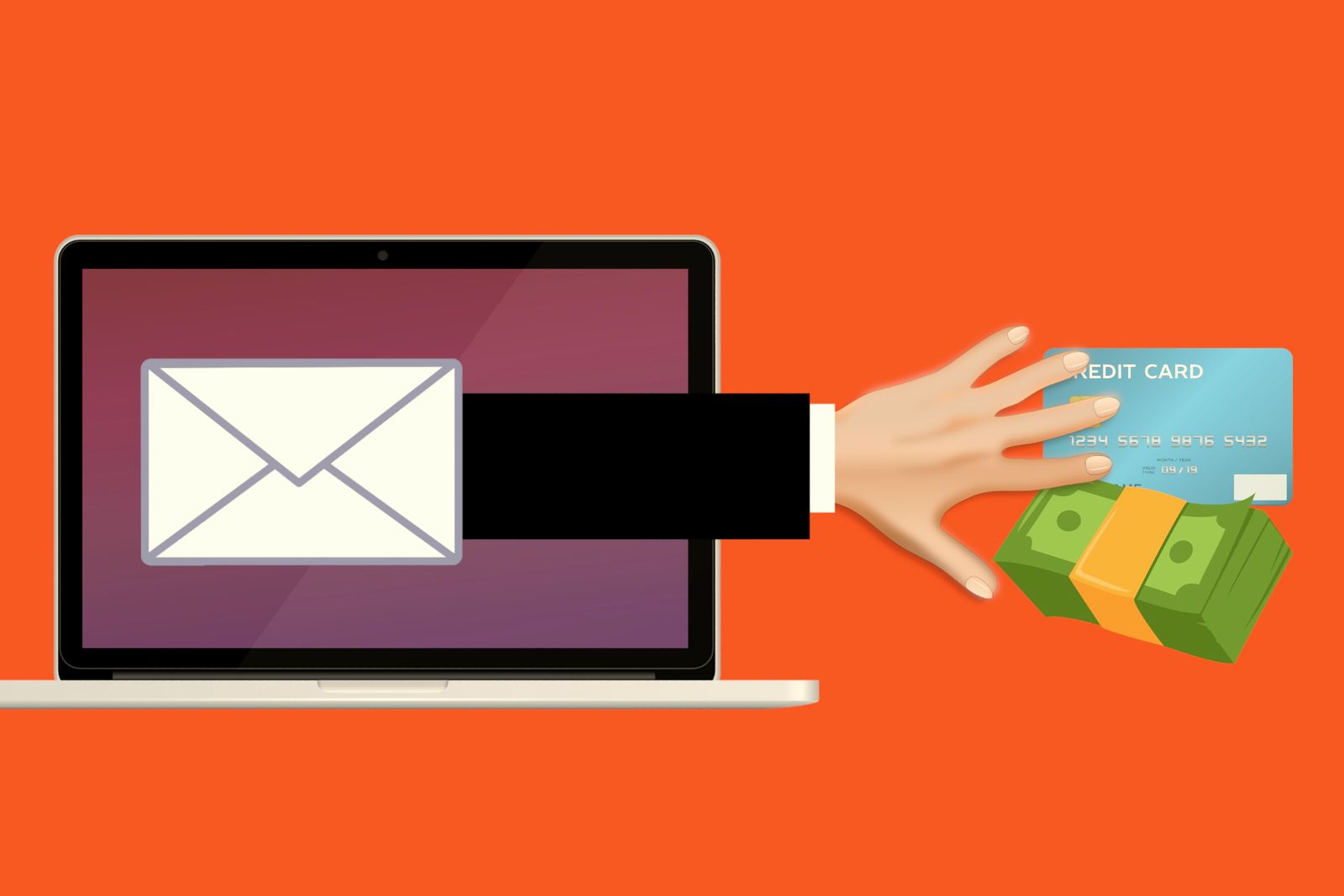 An illustration of a hand reaching out of an email to grab a payment card and cash