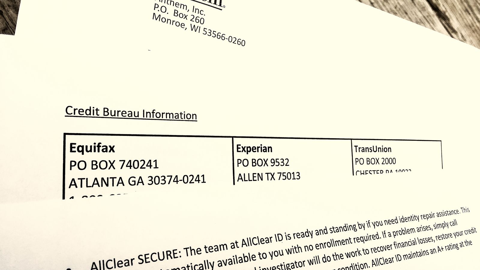 A data-breach notification letter offering identity protection and listing credit bureau addresses