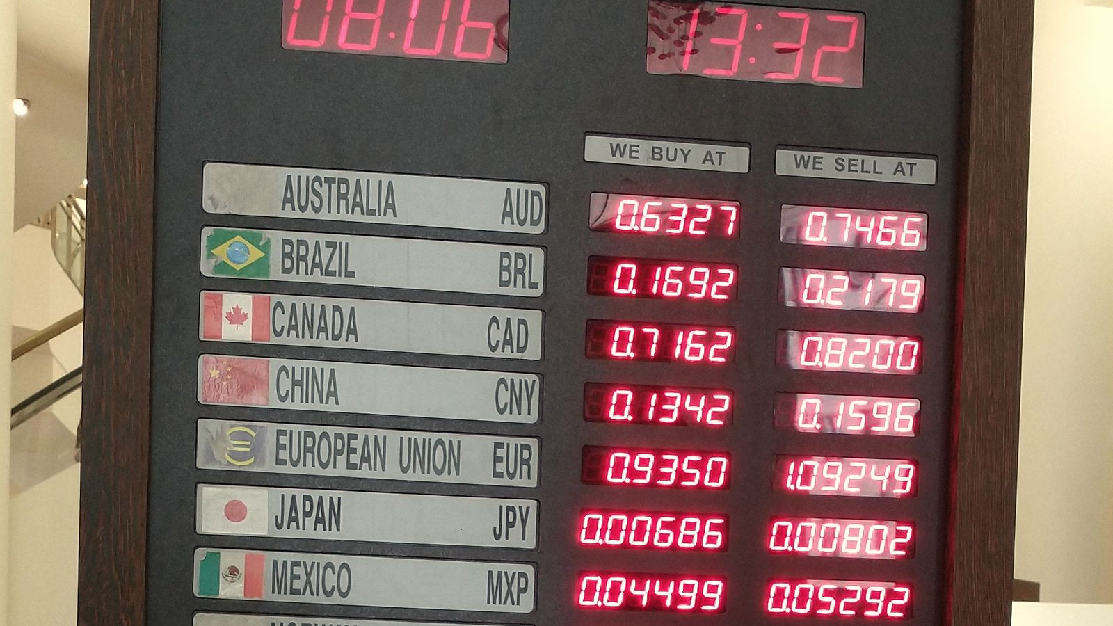 A digital board showing currency exchange rates