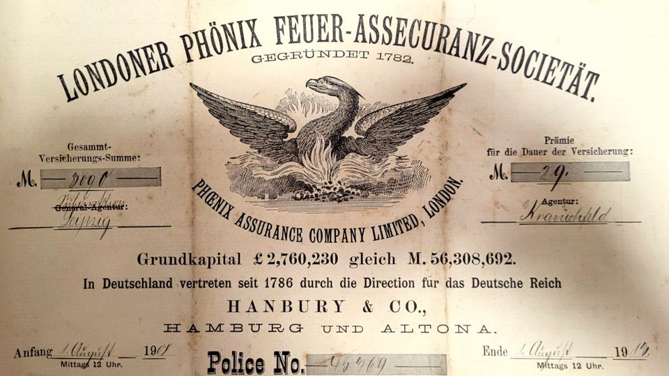 A 1908 fire insurance policy with an eagle letterhead